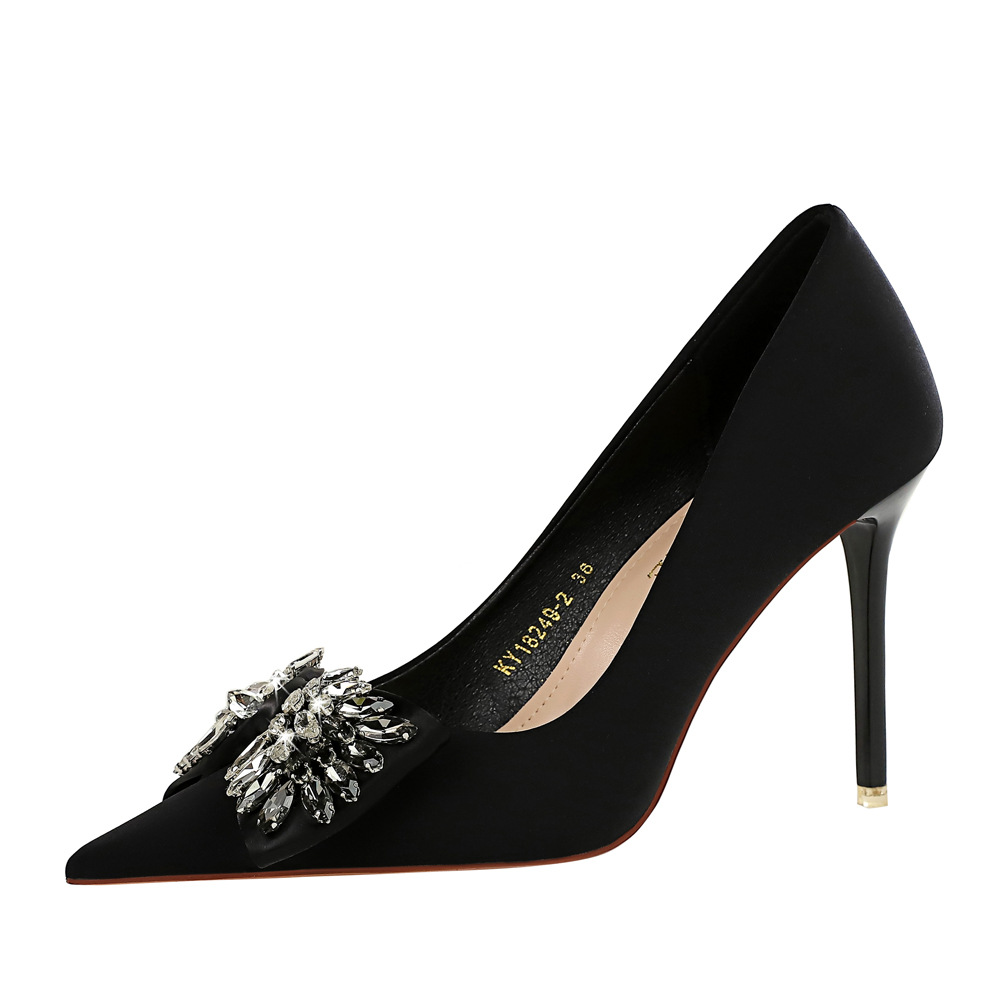 18249-H3 European And American Style Banquet Women's Ultra High Heels Shallow Mouth Pointed Toe Satin Rhinestone Bow_vogvips.com