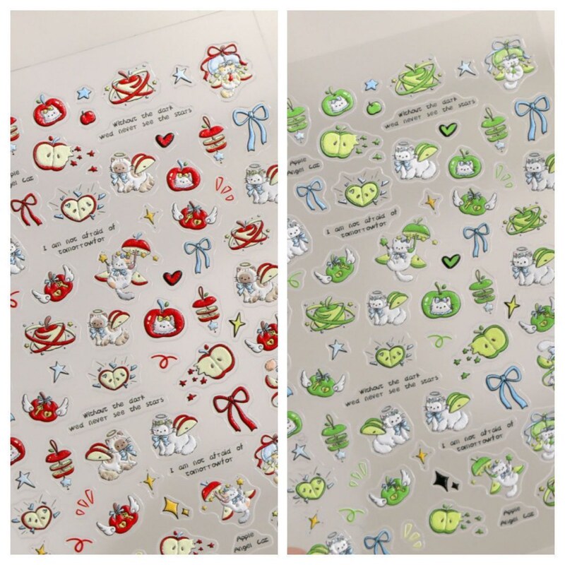 New Cute Apple Cat Embossed Nail Art Sticker 5D Stereo Green Apple Red Apple DIY Pen Holder Ccd Nail