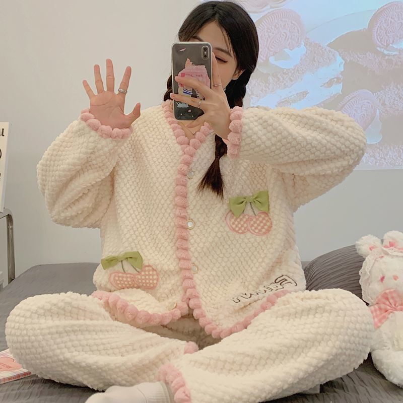 睡衣女秋冬季珊瑚绒加厚保暖韩版束口卡通可爱法兰绒家居服套装女|undefined