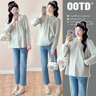 2025 Spring Maternity Simple Cotton and Linen Round Neck Pleated Doll Shirt New Korean Loose Belly Covering Top for Pregnant Women