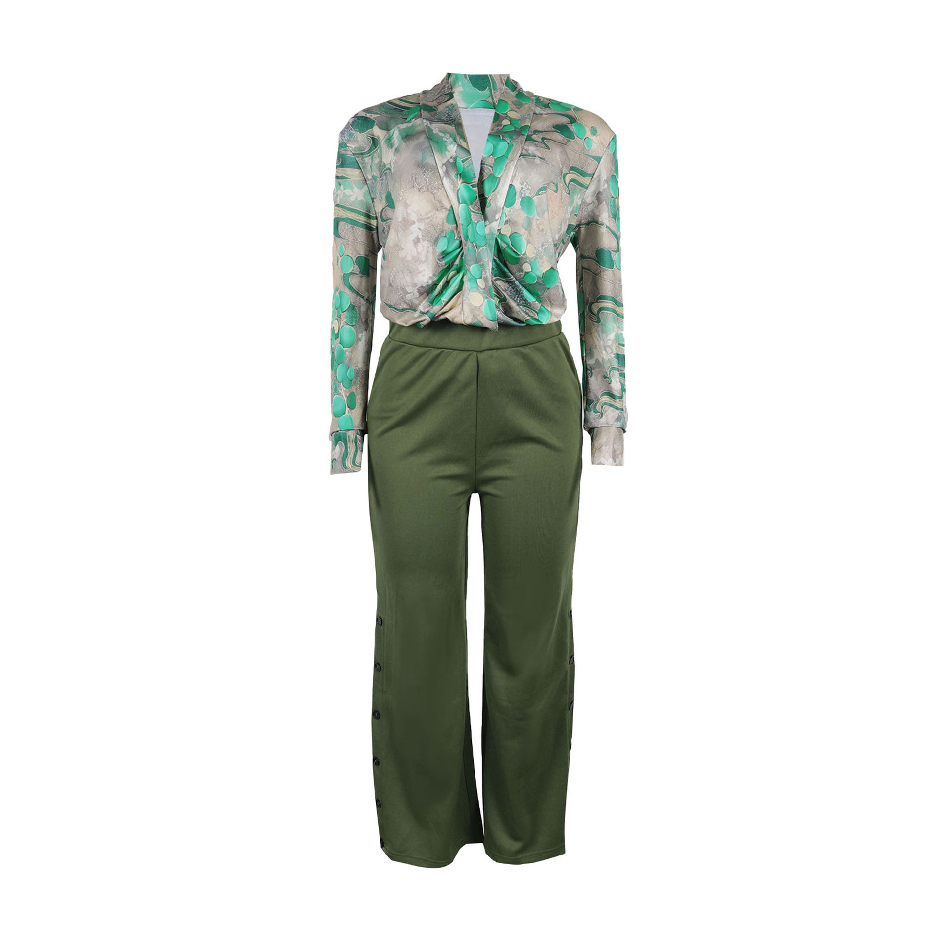 Women Printed V neck Shirt Wide Leg Pants Two Piece Set