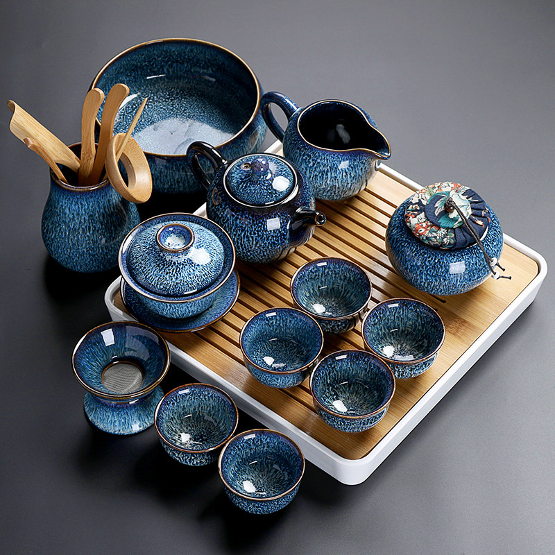 钧窑渐变陶瓷茶具套装家用茶艺整套拉丝兔毫天目窑变建盏盖碗茶壶