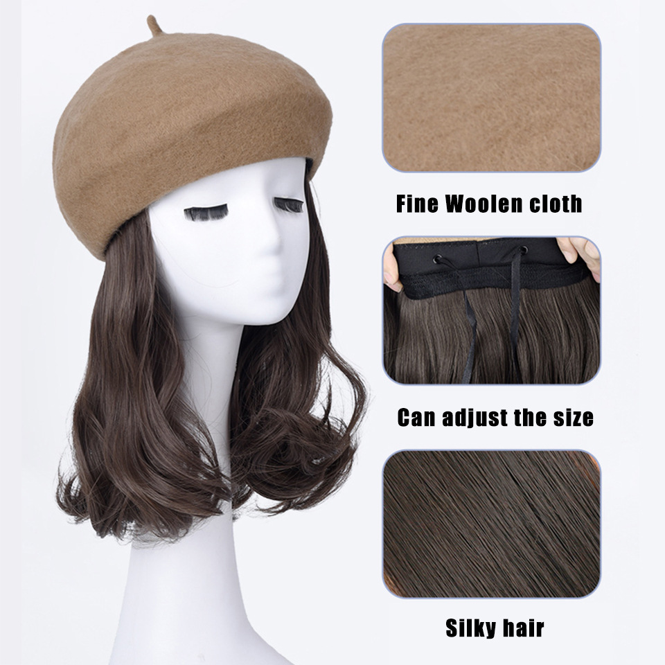 Perücke Herbst und Winter Samt Baskenmütze Hut Perücke kurze glatte Haare leicht lockige Hut Perücke alles in einem_voghion.com