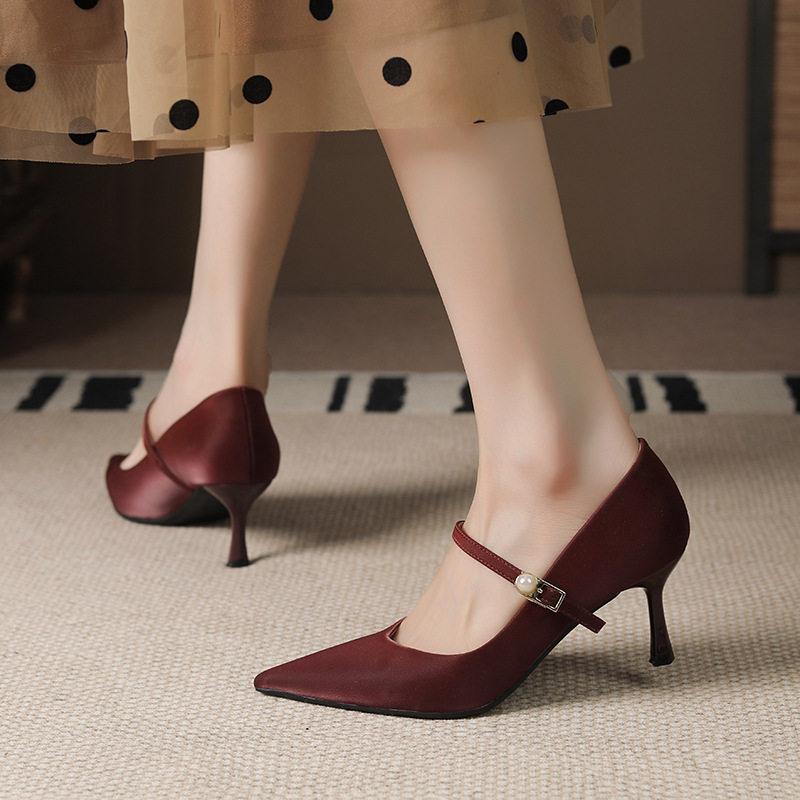 Giày cao gót nữ mũi nhọn gót thanh mảnh quai ngang, giày dự tiệc gót 6,5 cm — Màu mơ, Màu đen, Màu đỏ rượu