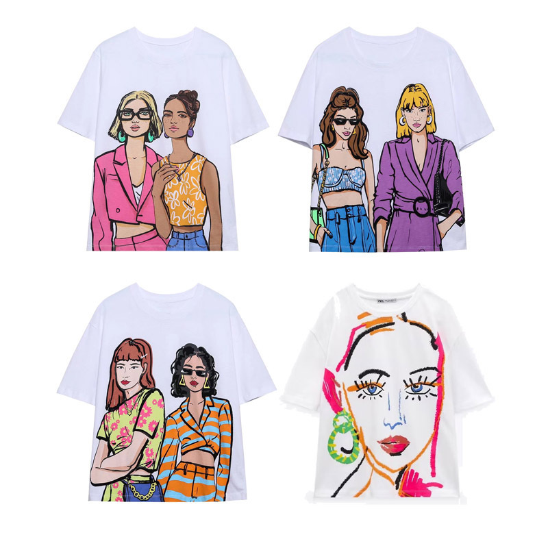24 Styles of Fh Summer Cross-Border Women's Clothing New Fashion Round Neck Girls Printed T-Shirts Female Character Print White Short Sleeves
