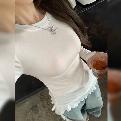 Korean-style pure desire irregular ruffled ribbon long-sleeved T-shirt women's summer design sweet spicy slim-fit blouse top