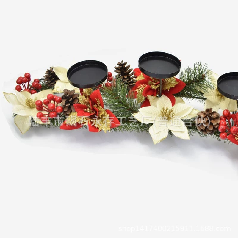 Новогодняя свечная центральная композиция с красной poinsettia, 65×20×35 см, металлические чаши для свечей