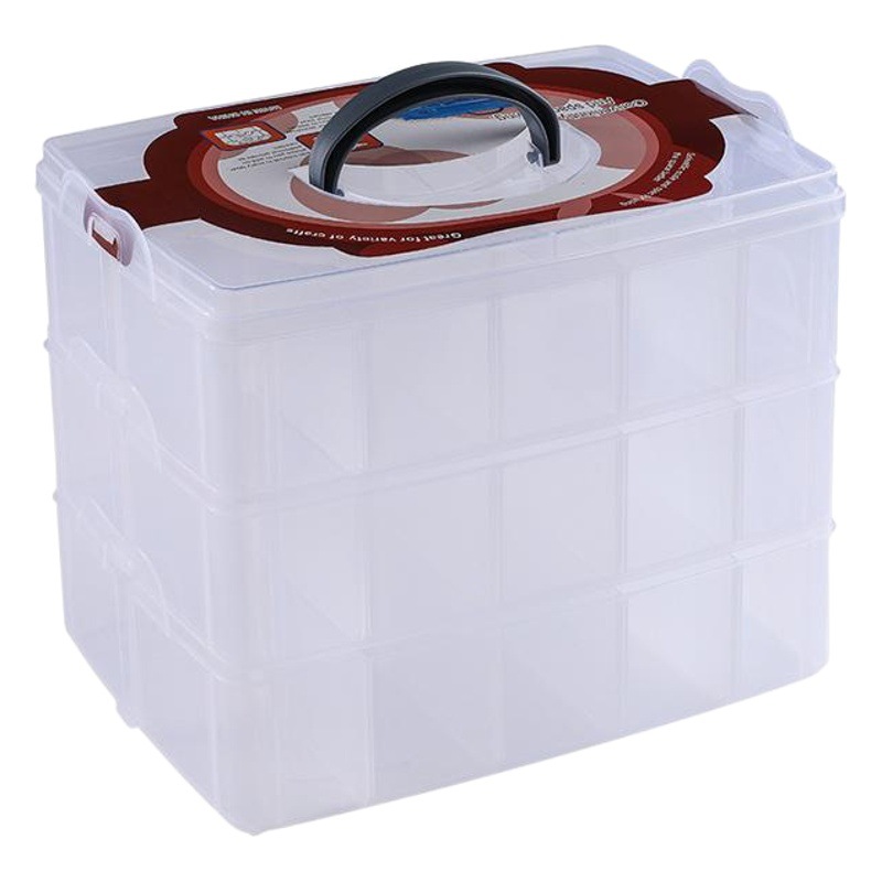 Gran caja de almacenamiento de maquillaje de joyería de plástico transparente portátil de tres capas desmontable de tres capas 30 rejillas caja grande de almacenamiento de artes de pesca