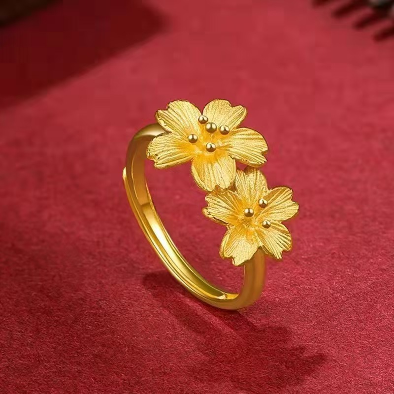 Imitation Vietnamese Sand Gold Elegant Peony Flower Ring for Women, Rich Flower Blooming Women's Thorn Flower Ring, Adjustable Ring