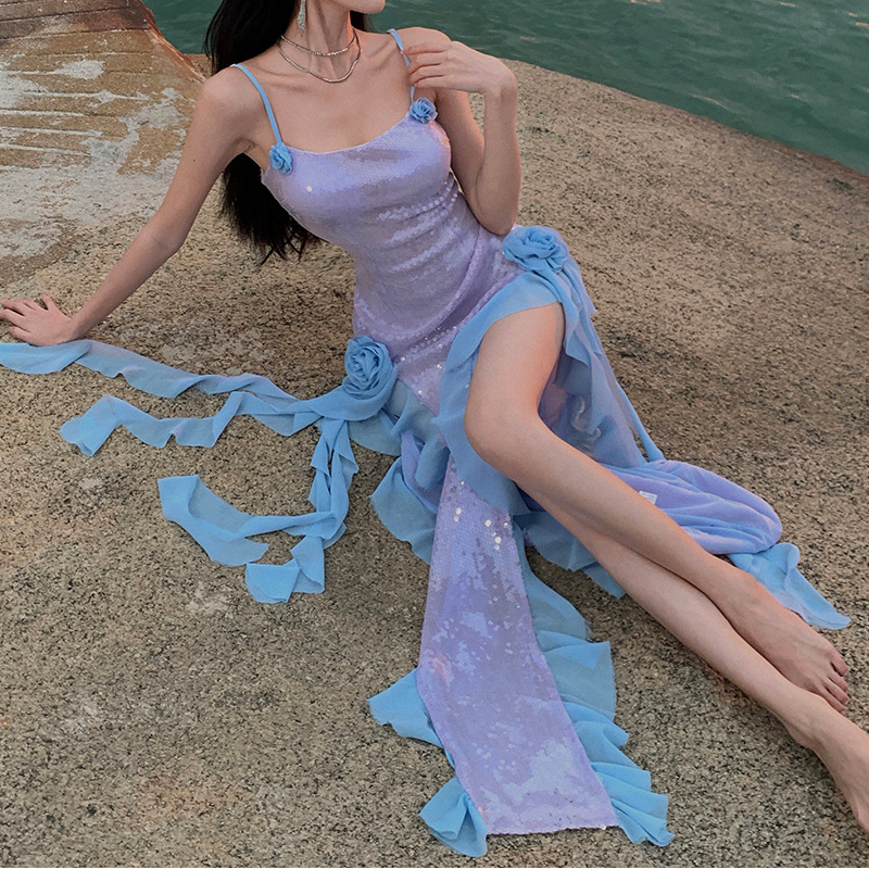 Robe longue élégante à sequins, style vacances, pour une allure romantique et sexy lors de vos soirées et rendez-vous en bord de mer._voghion.com