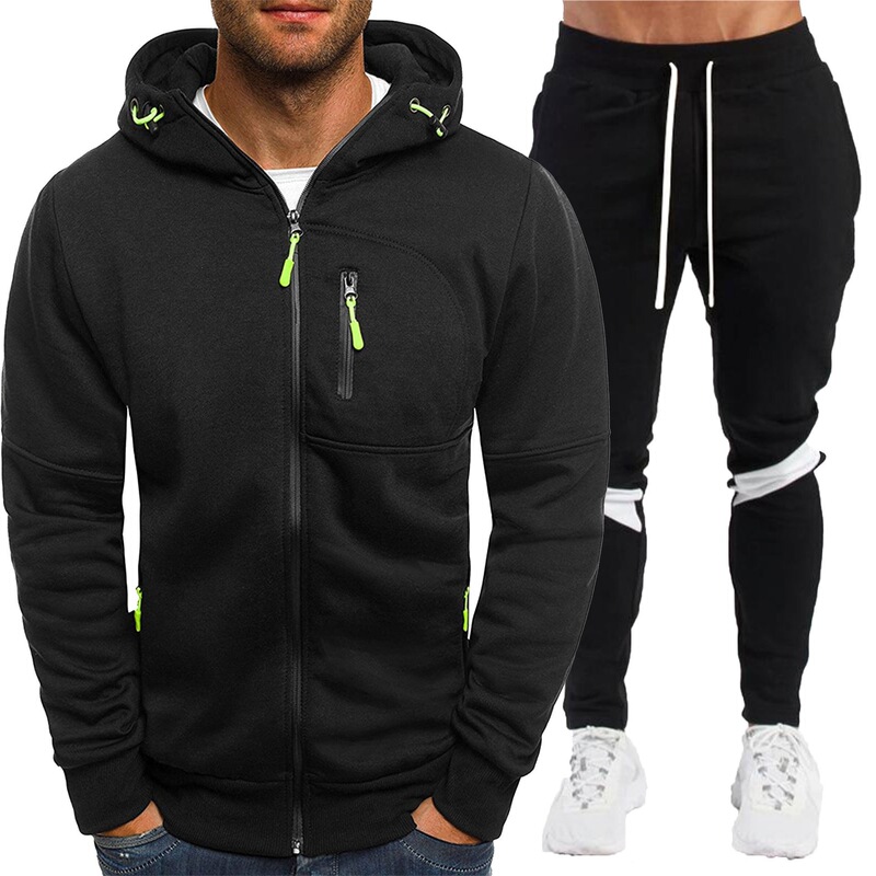 2024 New Men's Solid Color Sports Casual 4-Zip Sweatshirt Set Fleece Cardigan Hooded 2-Piece Set for Autumn