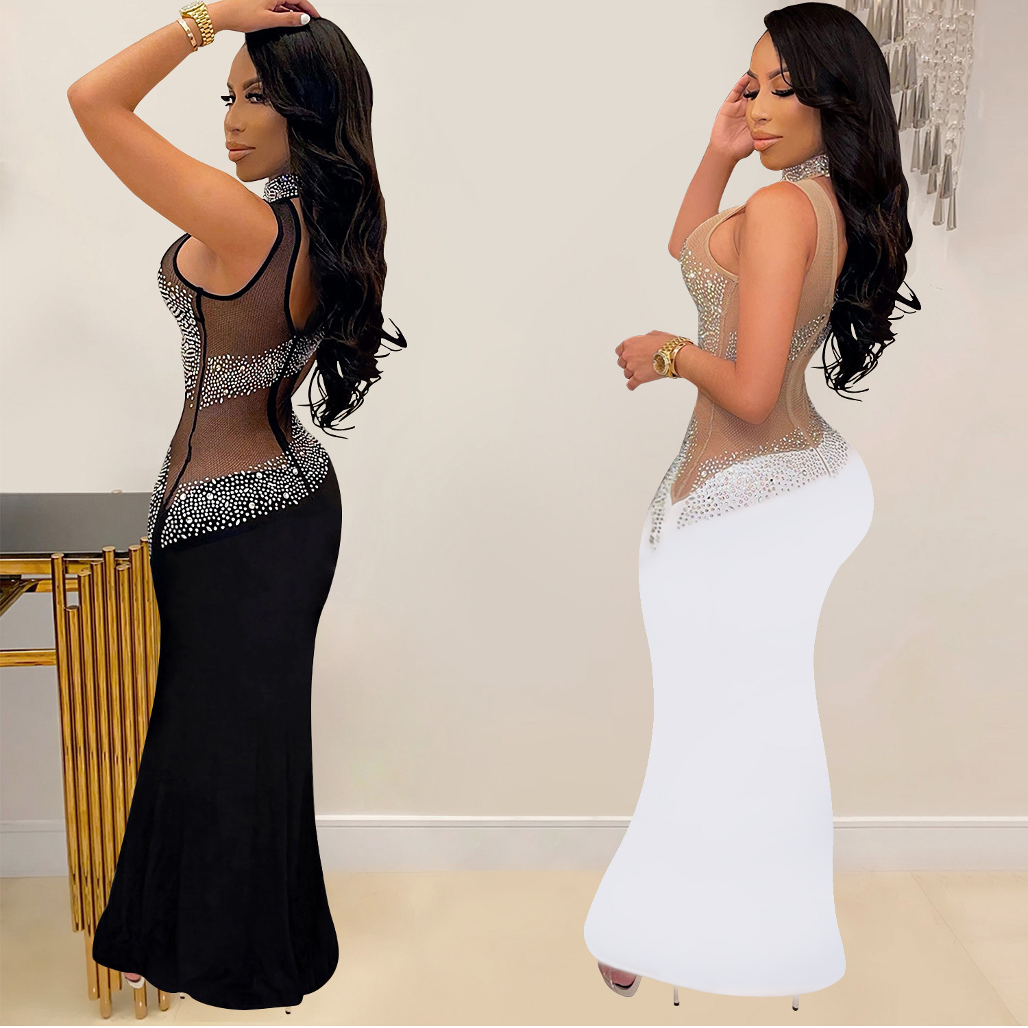 C7018 Aliexpress transfronterizo Amazon estación independiente de moda europea y americana ropa de mujer de malla de diamante caliente vestido sin mangas nuevo image 3