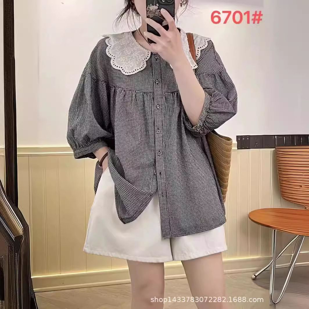 夏季韩版大码女装宽松娃娃领格子短袖衬衫时尚开衫上衣棉麻娃娃衫