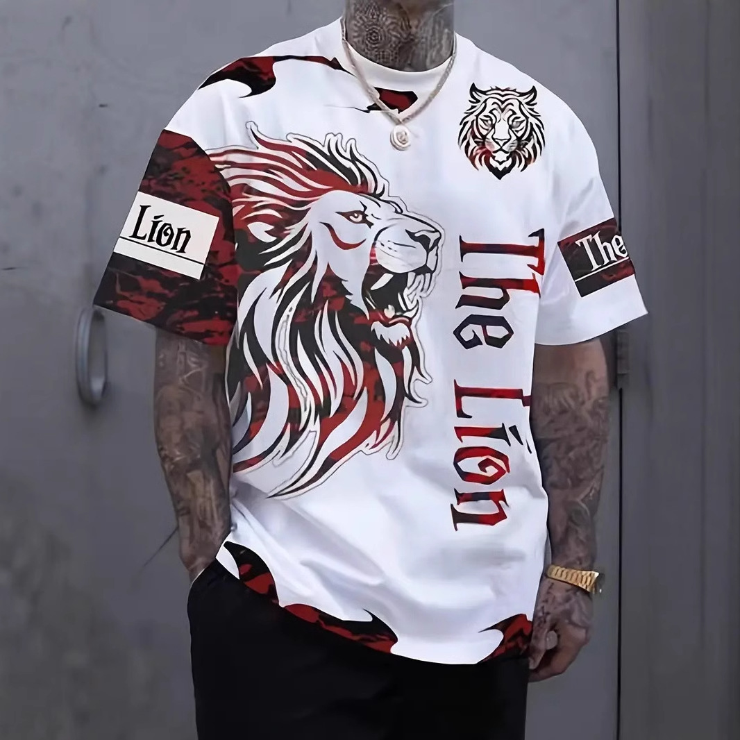 Camiseta de cuello redondo de manga corta suelta y transpirable de la calle de los hombres león colorido KING venta caliente impresión 3D