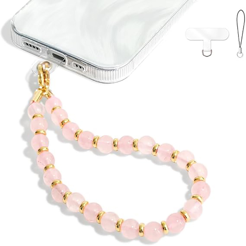 Cross-Border Natural Stone Mobile Phone Hanging Chain 8mm Crystal Chalcedony Beaded Golden Spacer Holiday Gift 8mm Rose Quartz Mobile Phone