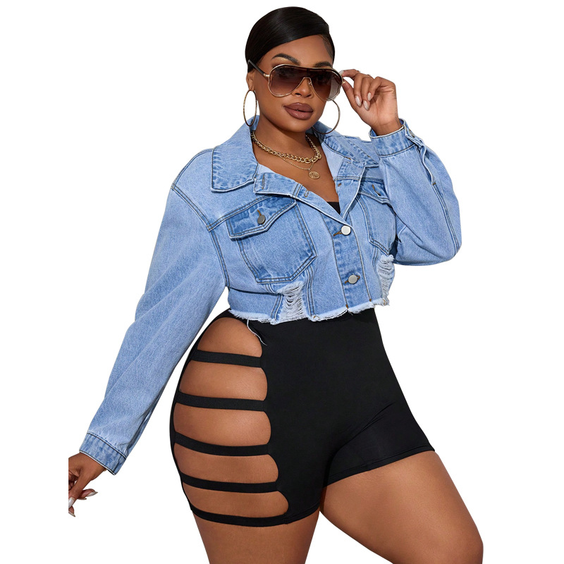 Plus Size Distressed Denim Jacket, Light Wash Rip Long Sleeve Coat For Women, Oversized Chic Shacket For Casual Office Wear_ecoleips.com
