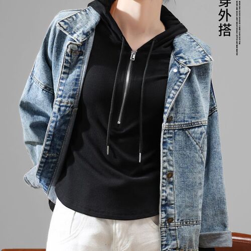 Gray Slim-Fit Hooded T-Shirt for Women, 2024 New Arrival, Bestselling Autumn Ribbed Base Layer Top, Half-Zip Hoodie, Top Piece