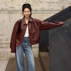 革のコートの女性の高級感2025の新型女性の早春のカジュアルな短い小さい背の赤い革のジャケットの上着