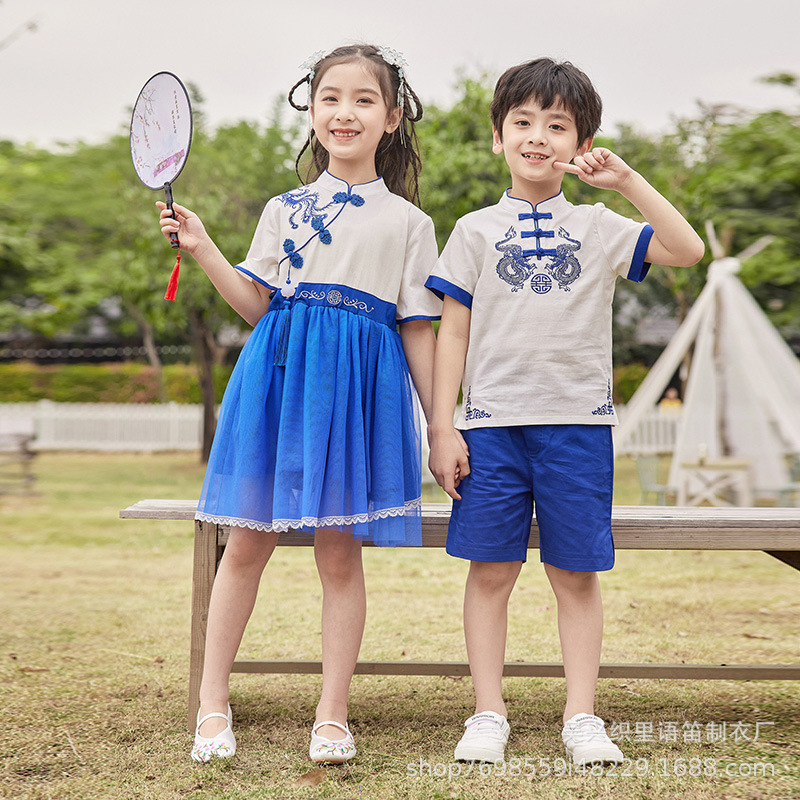 童装春夏装中国风幼儿园园服蓝色六一表演服毕业班棉麻小学生校服