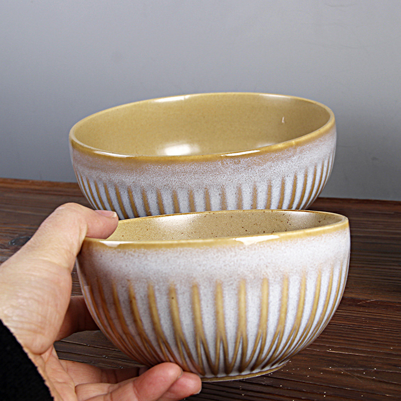 Nueva porcelana de hueso de cerámica de estilo japonés [tazón de fuente de fideos de una persona tazón de sopa tazón de ensalada] Tazón grande retro de cuatro familias Tazón