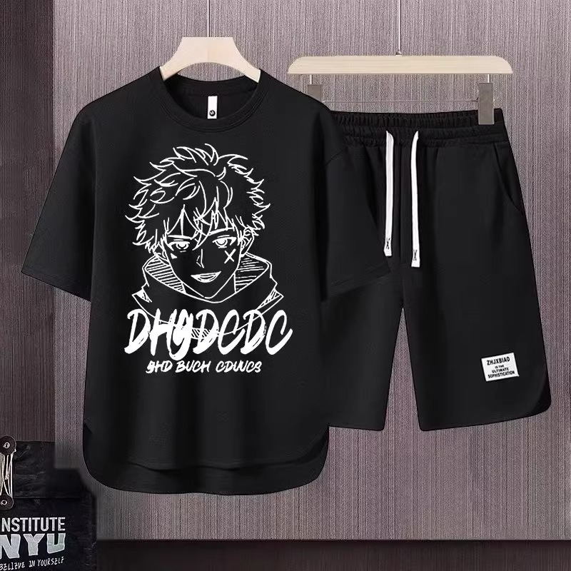 Vêtements pour hommes 2024 gaufré décontracté costume d'été hommes ample adolescent à manches courtes t-shirt Shorts beau deux pièces costume_voghion.com