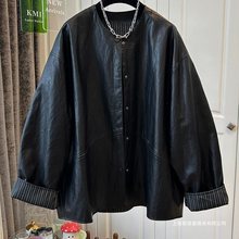 大码黑色皮衣外套女2025新款秋季胖宽松洋气圆领皮夹克上衣