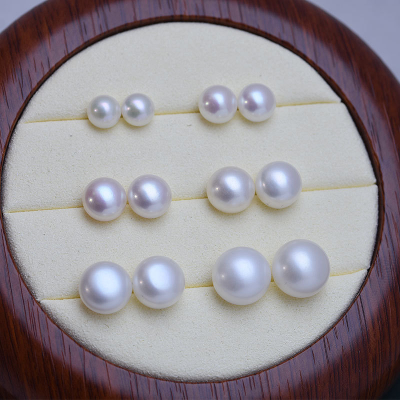 Zhuji Freshwater Seedless 6-12mm Flat Round Pearl Stud Earrings S925 Silver Plain Stud Earrings Women's Earrings Wholesale