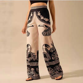亚马逊印花阔腿裤欧美跨境波西米亚风植物印花宽松休闲高腰长裤