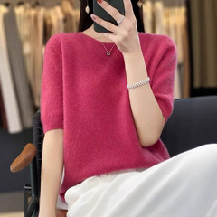 ライブブロードキャスト人気の春夏ラウンドネック半袖レディースルーズショートボトムシャツ半袖セーター薄手のサマーセーター