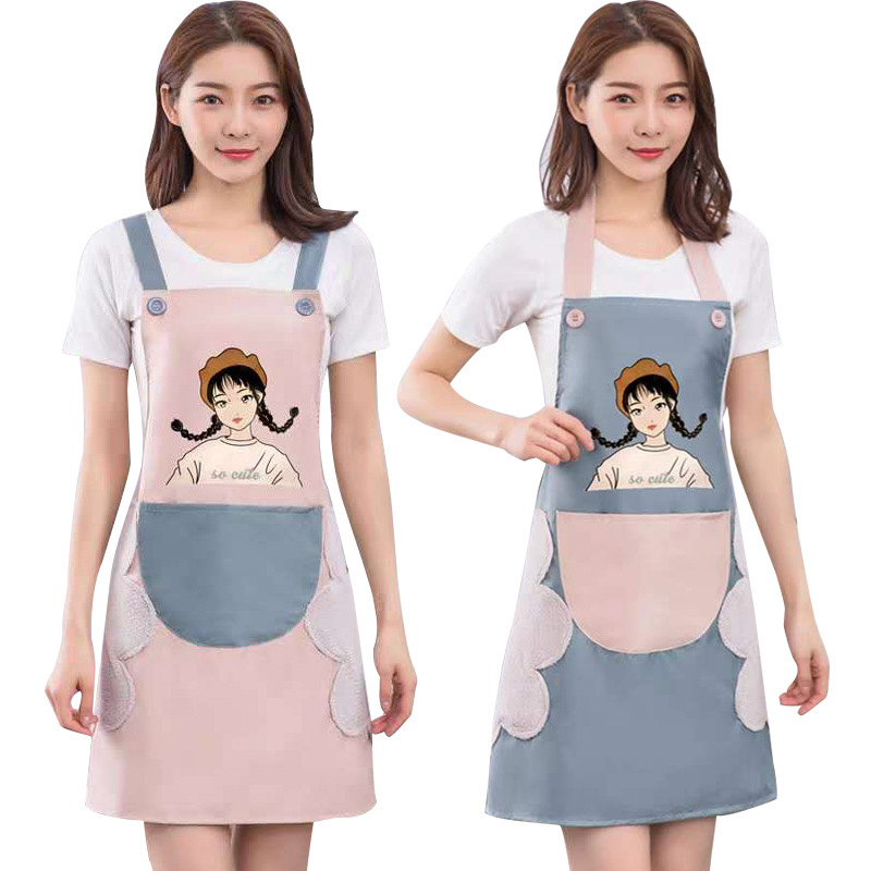 Delantal de mano borrable al por mayor cocina Halter delantal de Bolsillo grande Niña de dibujos animados delantal impermeable