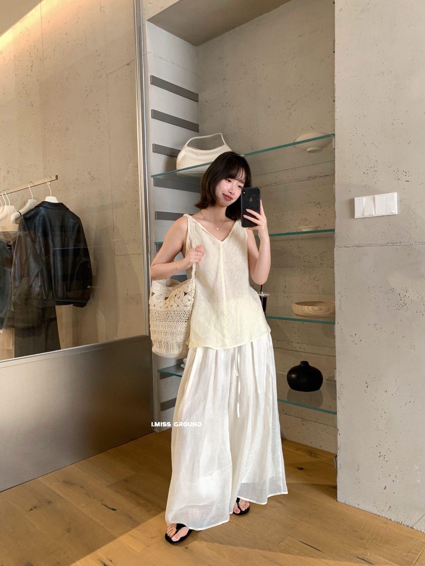 Quần culottes ống rộng chất liệu ramie mát mẻ, cạp chun, phong cách nghỉ dưỡng — màu hồng, Màu xanh sữa, màu mơ chi tiết 11