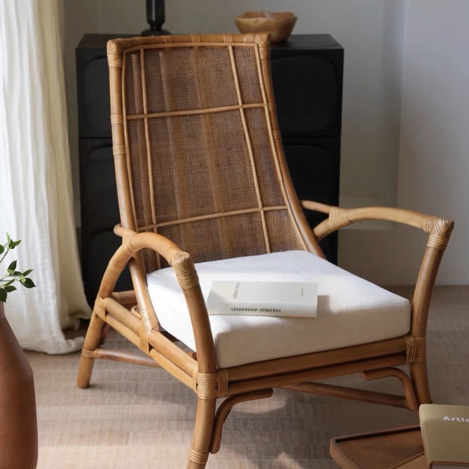 Silla de ocio vintage de ratán natural, sillón individual estilo wabi-sabi para casas de huéspedes y salones de té, silla de comedor de ratán de estilo nórdico japonés.