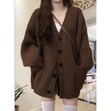 美拉德咖色开衫毛衣外套女春秋2025新款宽松中长款针织衫外套