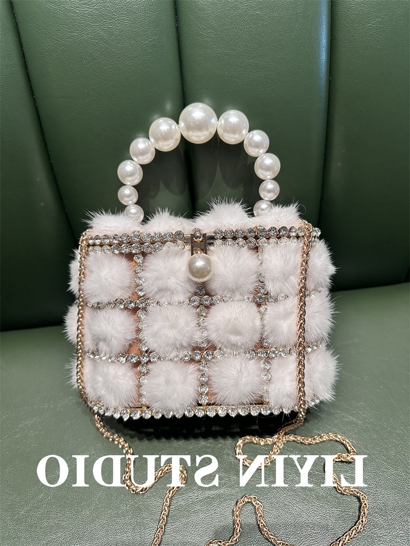 Cross-Border Metal Pearl Mink Faux Fur Bucket Bag, Sparkling Rhinestone Birdcage Handbag And Crossbody Bag For Banquets - Thumbnail 3