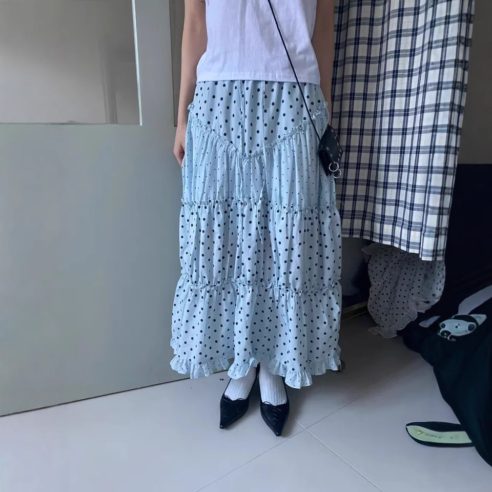 3-Color Summer Japanese Korean Ins Retro Fresh Cute Mint Green Polka Dot Patchwork Lace Half Skirt Polka Dot