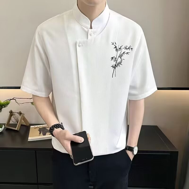 韩版简约衬衫领印竹新中式短袖男时尚潮流重磅复古短袖男女同款