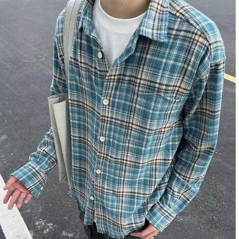 American High Street Plaid Washed Frayed Long Sleeve Unisex 2025 Spring Autumn Loose Trendy Shirt_viptrois.com