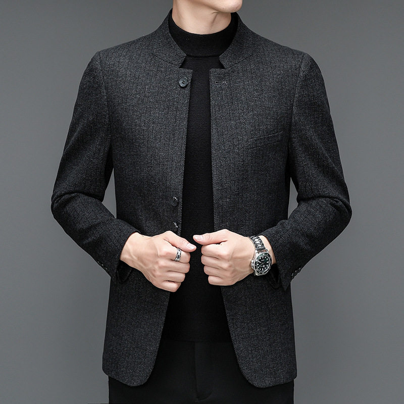 Bộ vest nam cổ đứng dáng ôm co giãn, áo khoác vest công sở tay dài — Màu đen