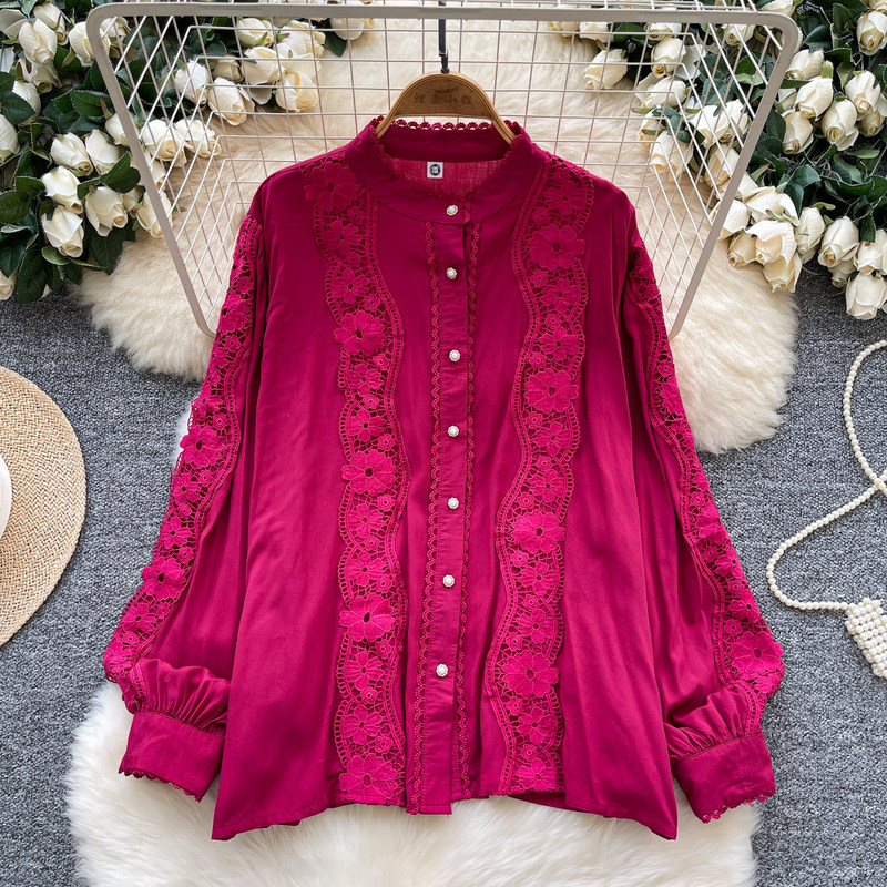 Palace-Style Niche Heavy-Duty Lace Patchwork Lantern Sleeve Single-Breasted Shirt for Women, Autumn Trendy Versatile Loose Top Palace-Style Niche Heavy-Duty Lace Patchwork Lantern Sleeve Single-Breasted Shirt for Women, Autumn Trendy Versatile Loose Top