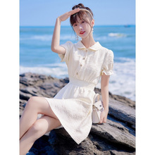 小个子收腰连衣裙女夏法式娃娃领短袖复古气质时尚收腰修身显瘦裙