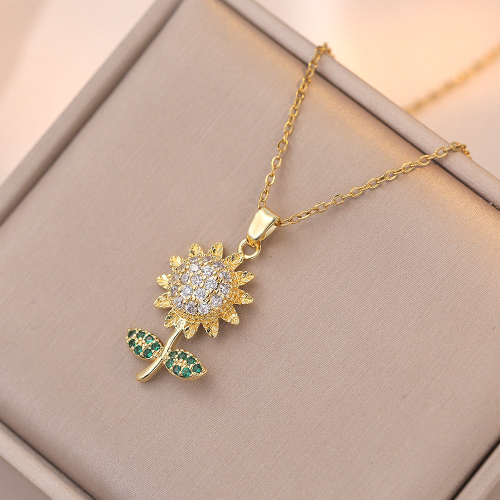 Flower Pattern Women's Gender Wholesale Jewelry Simple Style Flower Titanium Steel Diamond Pendant Necklace