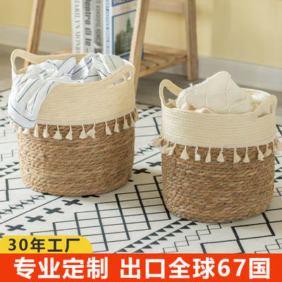 Tassel Woven Straw Handheld Ornaments Storage Home Decoration Toy Storage Basket Blanket Multi-functional Storage for Sundries