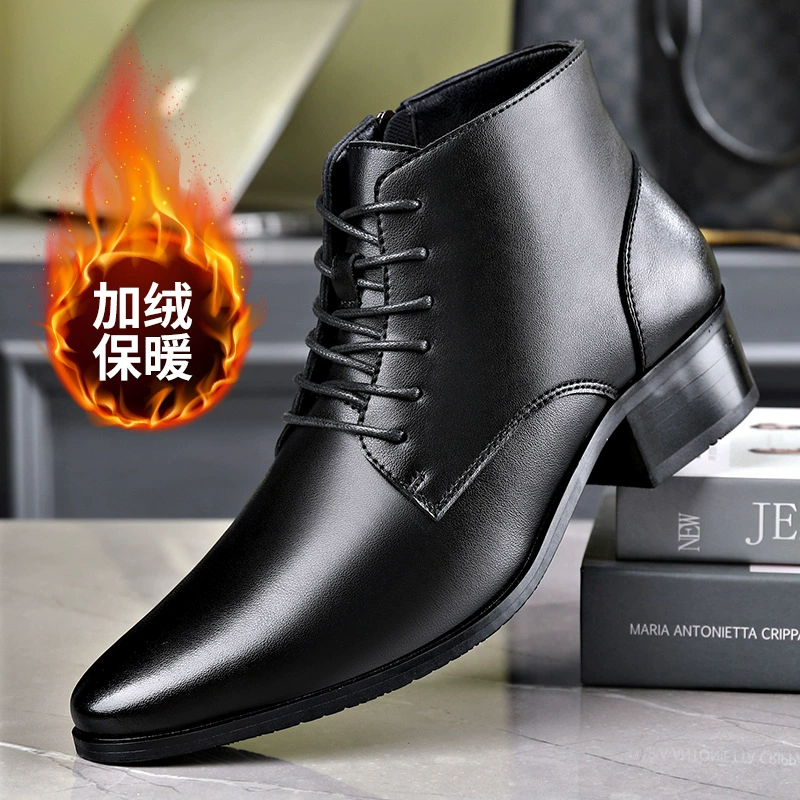 Мужские ботинки в британском Корейском стиле, модные мужские деловые повседневные кожаные туфли из натуральной кожи с высоким берцем, теплые кожаные ботинки с острым носком и флисовой подкладкой для мужчин