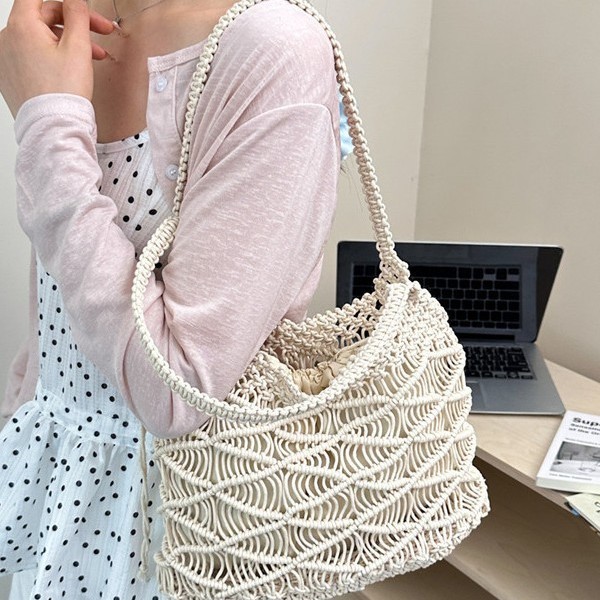 Bolso Tote de Paja Tejida con Diseño Calado para Uso Diario