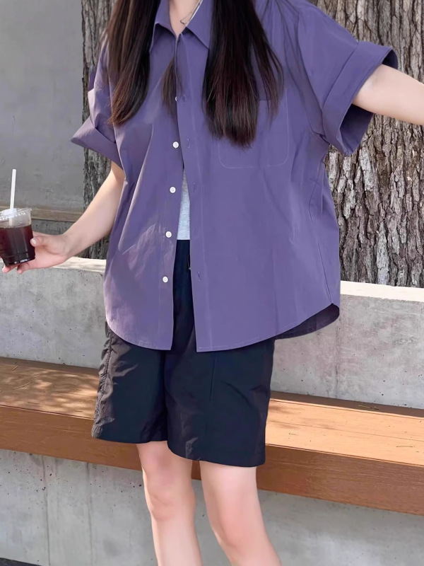 日系短袖紫色衬衫上衣女款夏季2025新款宽松复古休闲设计高级衬衫|undefined