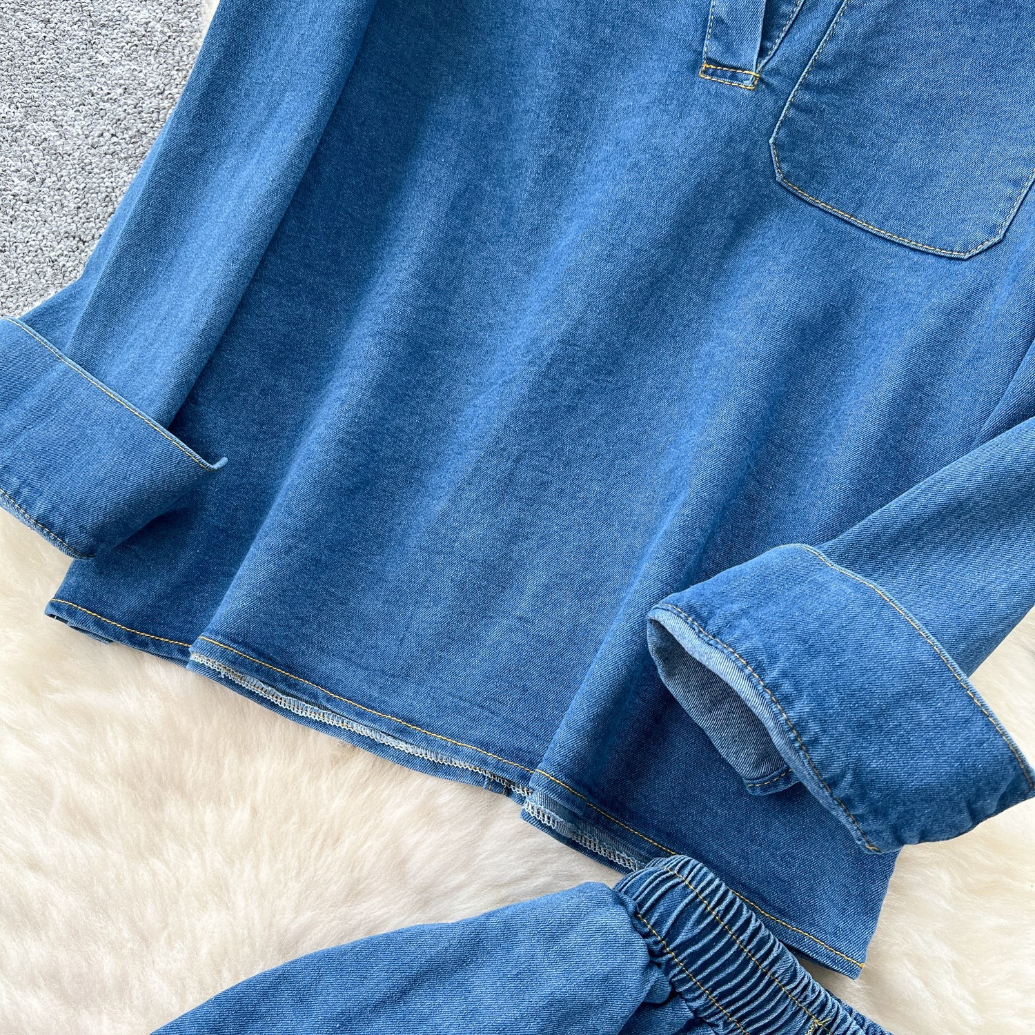 Women's Retro High-Waisted Wide-Leg Denim Pants Set With Long Sleeves Casual Autumn Fashion Top And Bottom Piece_ecoleips.com