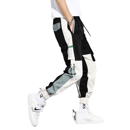 Workwear pants for men, spring and autumn new design, splicing loose trendy streetwear with INS ankle ties, 2025 model, hip-hop pants, drop shipping one piece