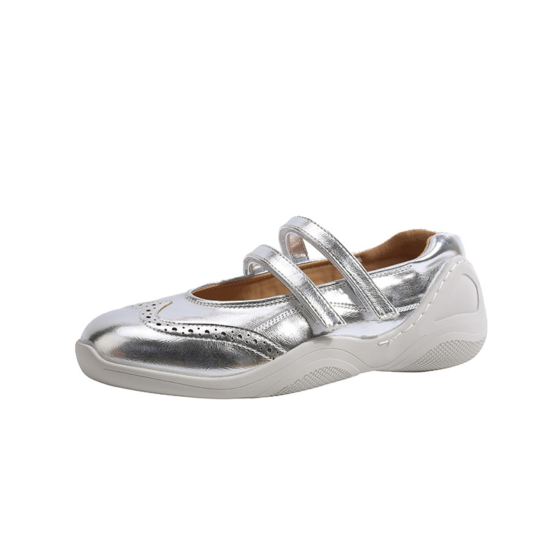 Versión de piel de oveja de suela gruesa de cuero real plateada zapatos de nicho de mujer elevados zapatos deportivos casuales zapatos de ballet retro