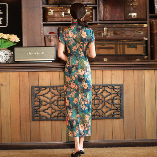 Women green printed Chinese dress cheongsam qipao long retro catwalk performance cheongsam dress plus size