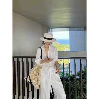 老钱风亚麻衬衫白色套装女夏慵懒宽松高端棉麻防晒衣休闲裤两件套
